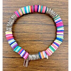 Canvas Multicolor Disc & Gold Tone Wire Beaded Stretch Bracelet Boho Beach